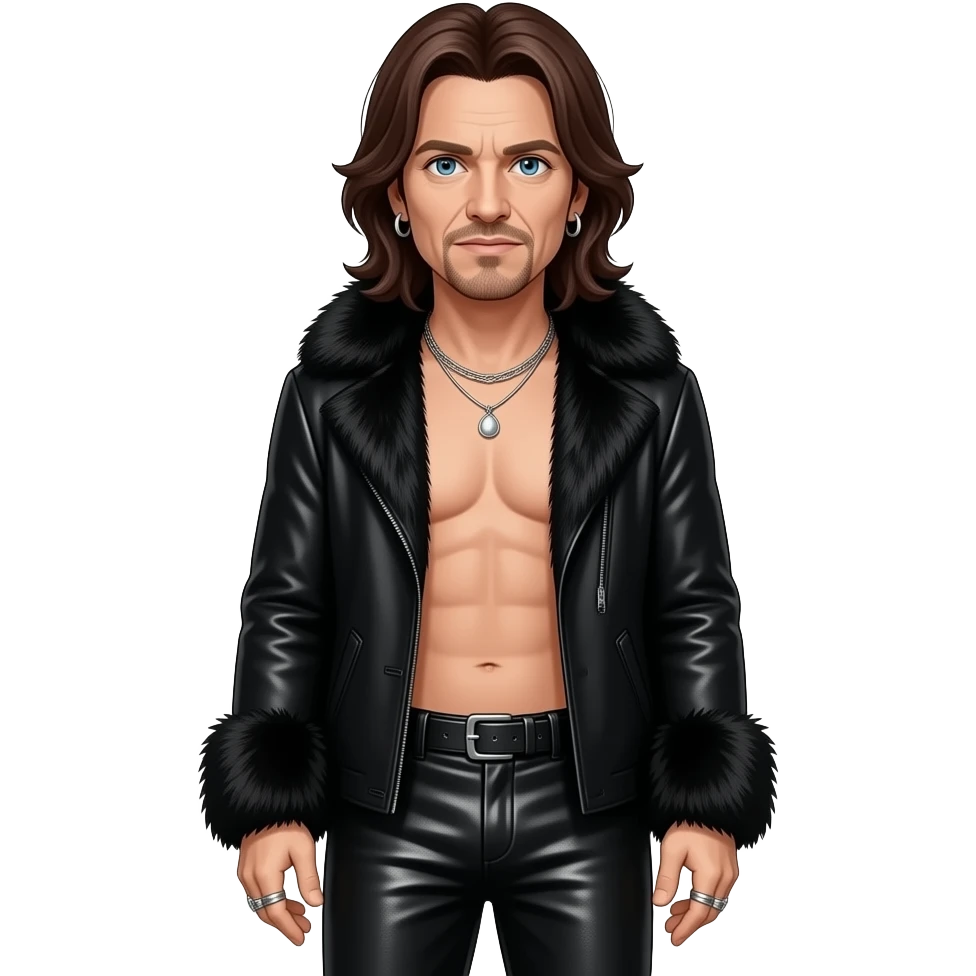 Bono with blue eyes, long dark brown hair, black fur shawl, black metallic baggy pants, shirtless with necklace and earrings emoji