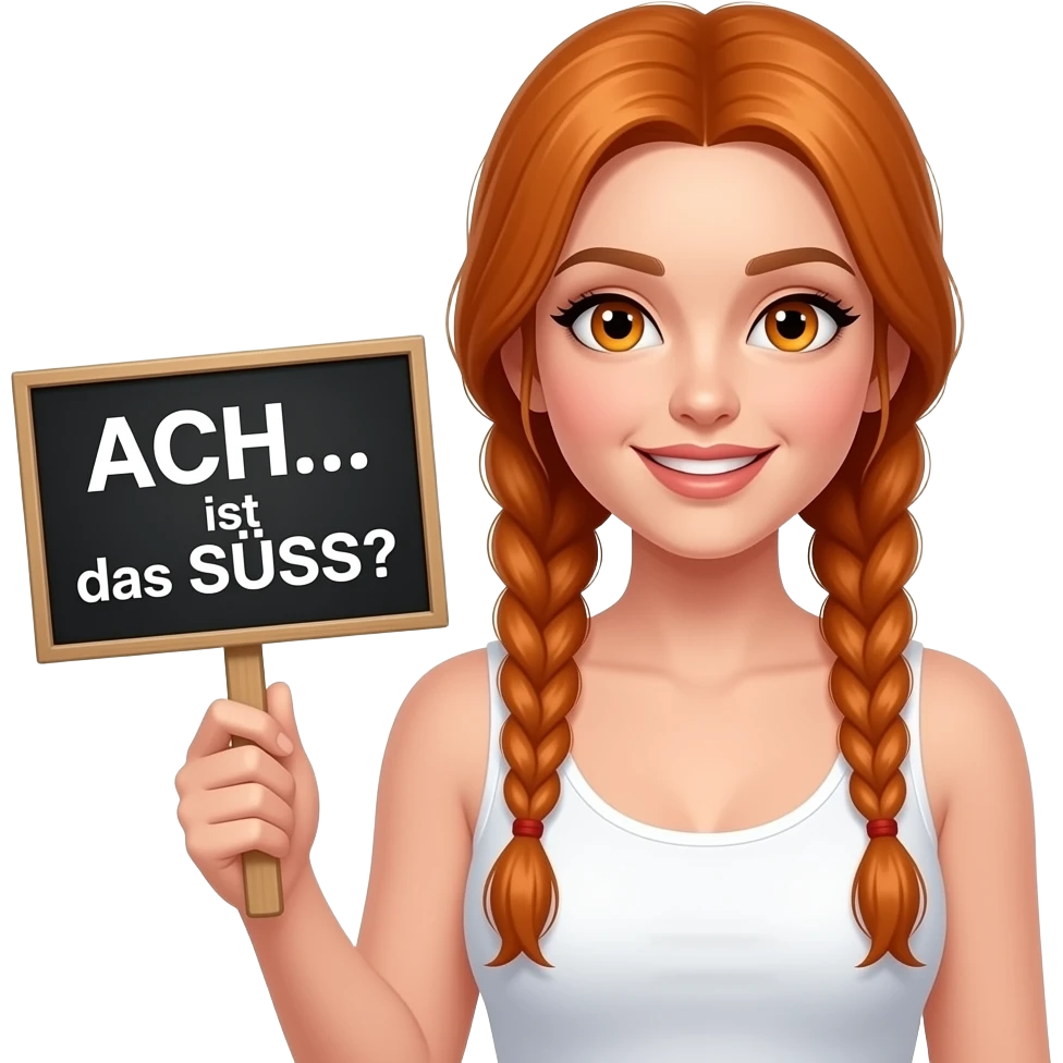 sexy girl with long ginger braids and ginger eyes wearing a white tanktop is holding a black sign with ACH... ist das SÜSS written on it emoji