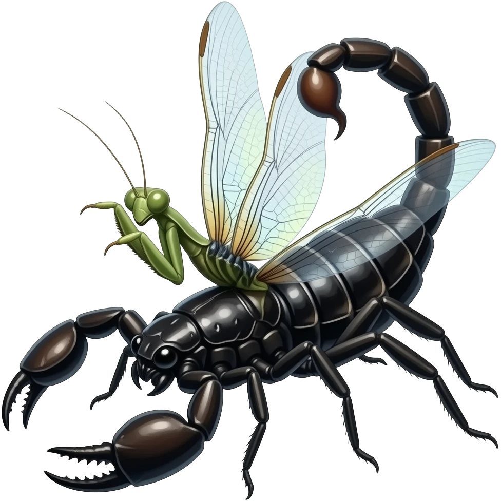 a black widow spider body with dragonfly wings, a scorpion tail and pinchers, and a praying mantis head, insectoid fusion, realistic, emoji