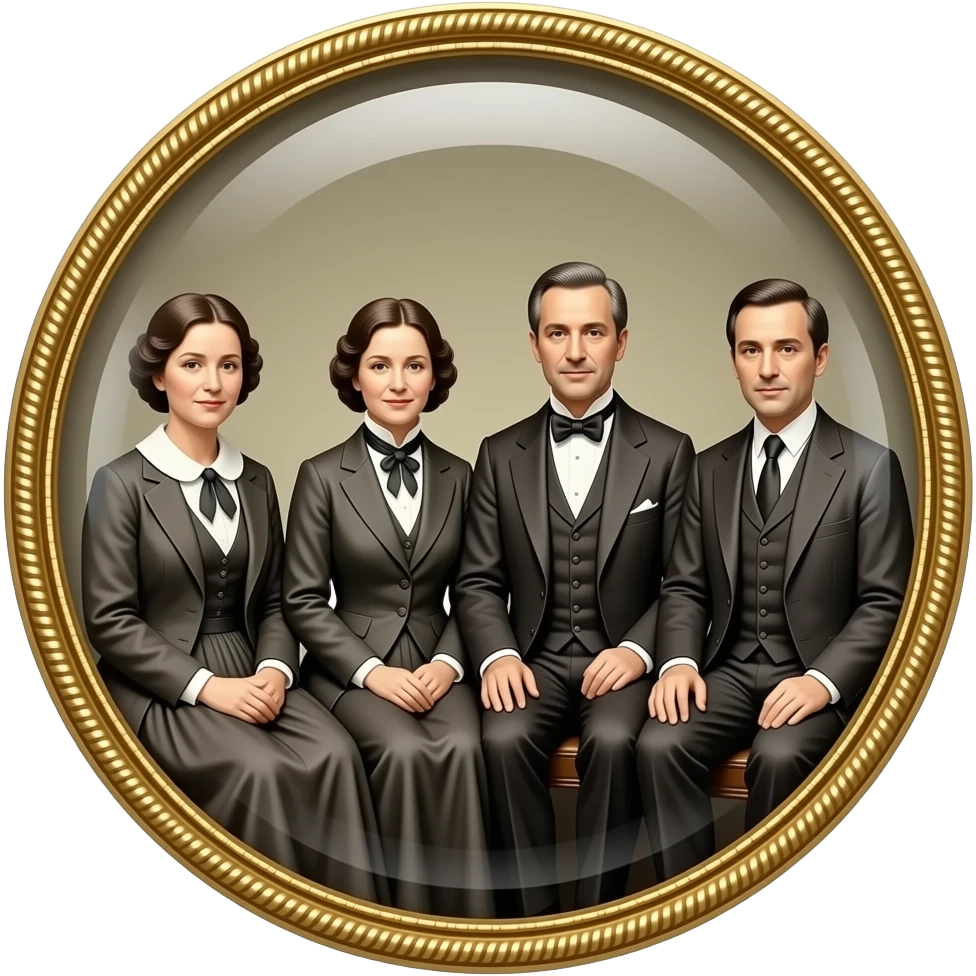 two mothers and two fathers depicted in sitting poses as in daguerreotypes posing in vintage bourgeois suits - in daguerreotype brooch format emoji