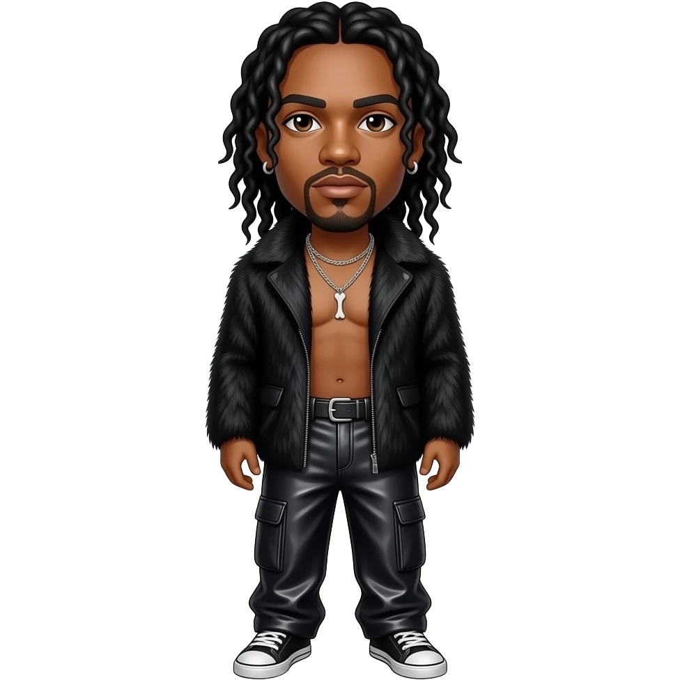 Wish Bone from Bone Thugs-N-Harmony with brown eyes, long black hair, black fur shawl, black metallic baggy pants, shirtless with necklace and earrings emoji
