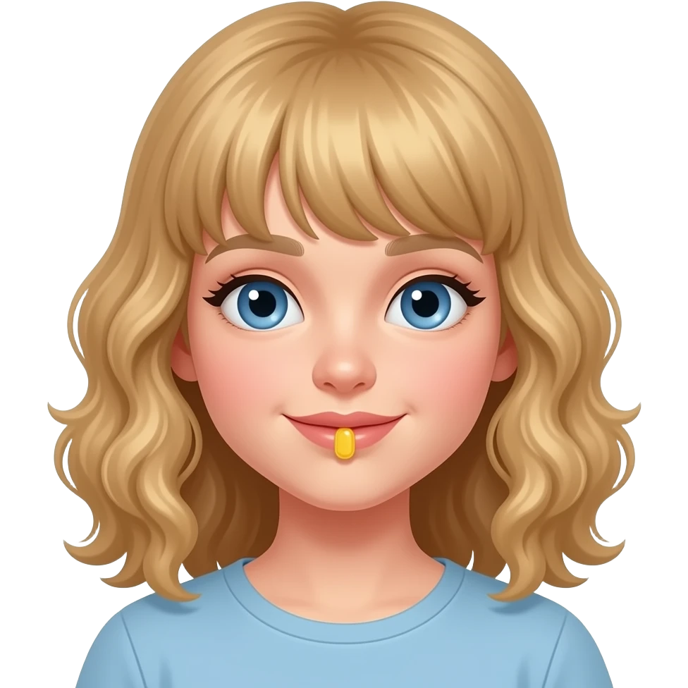 white kid blue eyes mid length hair to her shoulders with bangs soft curly hair to shoulders in color: middle to little darker blond. taking daily gummie vitamin emoji