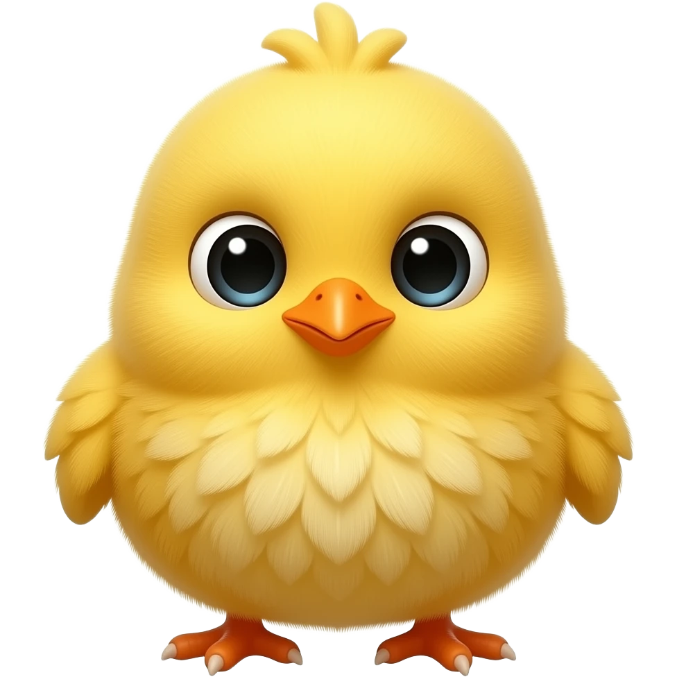 iOS-like 3D cute chick icon, small baby chicken, fluffy yellow body, orange beak, tiny feet, round eyes, adorable chubby shape, glossy rounded texture, clean white background, centered. emoji