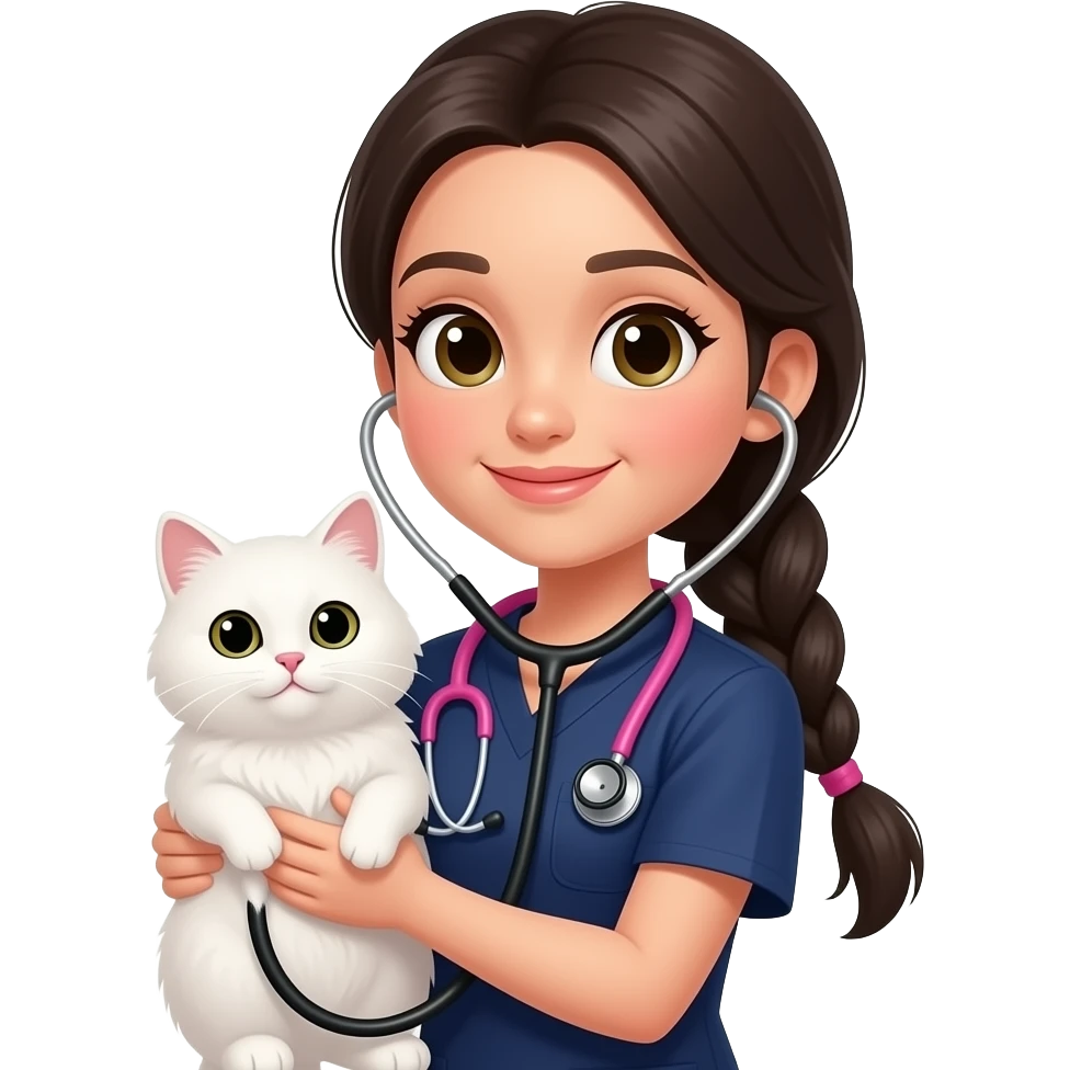 Vet nurse dark hair in 1 plait navy scrubs pink stethoscope with black holding a white fluffy cat emoji