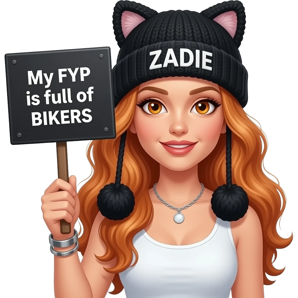 sexy girl with overlong wavy ginger hair and ginger eyes wearing a white tanktop and a black pom pom hat with cat ears with ZADIE written on it is holding a black sign with My FYP is full of BIKERS written on it emoji