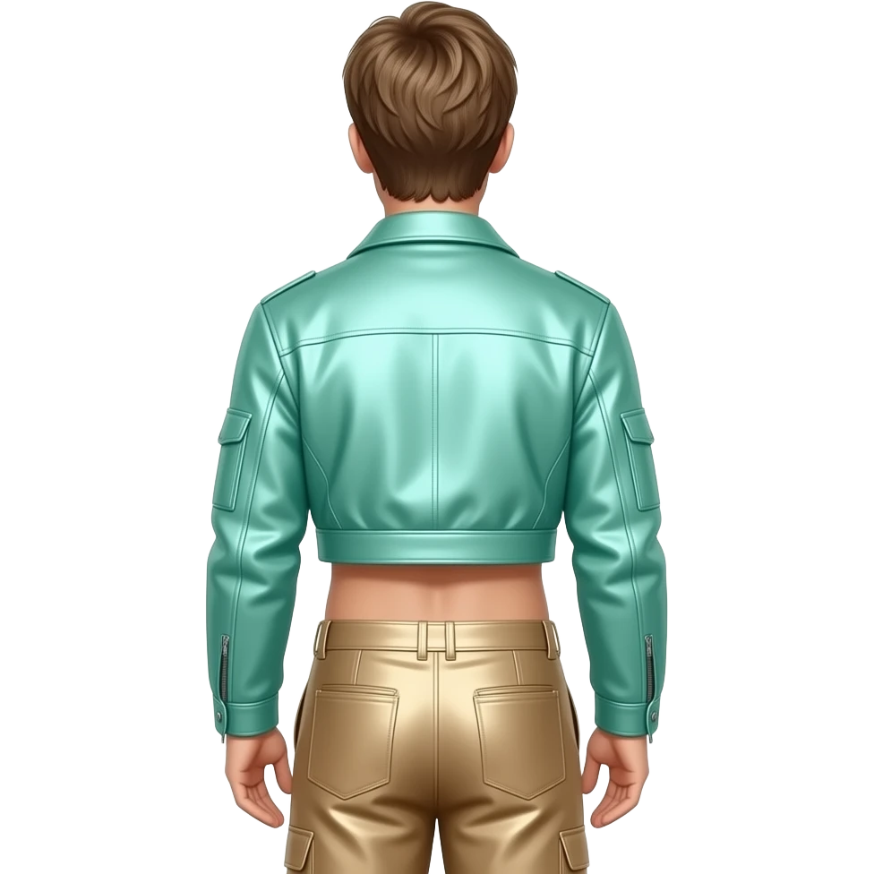 Brian Littrell from behind with light brown hair, mint green metallic jacket crop top, tan metallic baggy pants, shirtless emoji