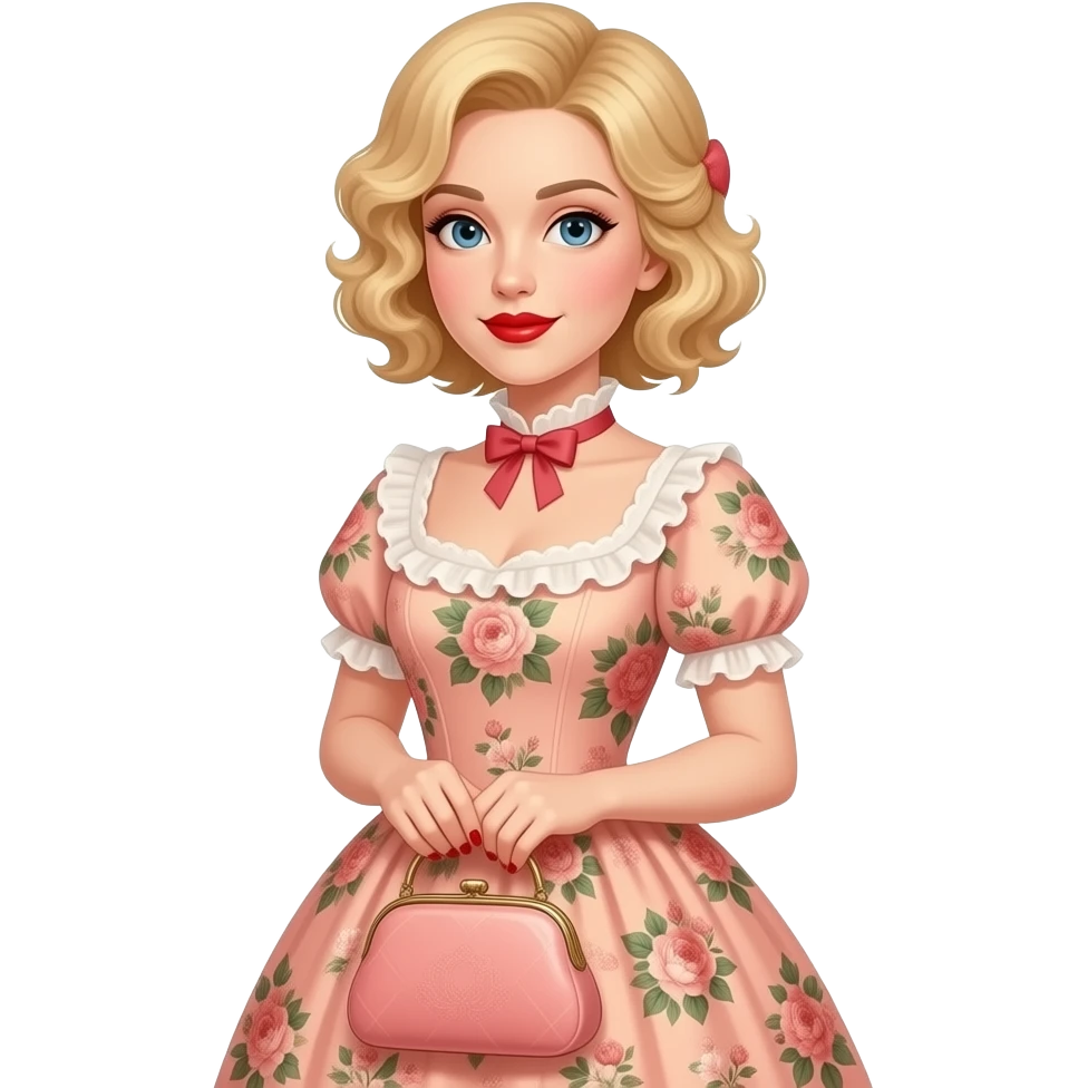 Short blonde curly hair side swept red lipstick in a peach floral Victorian dress, red nails. holding a Victorian peach purse emoji