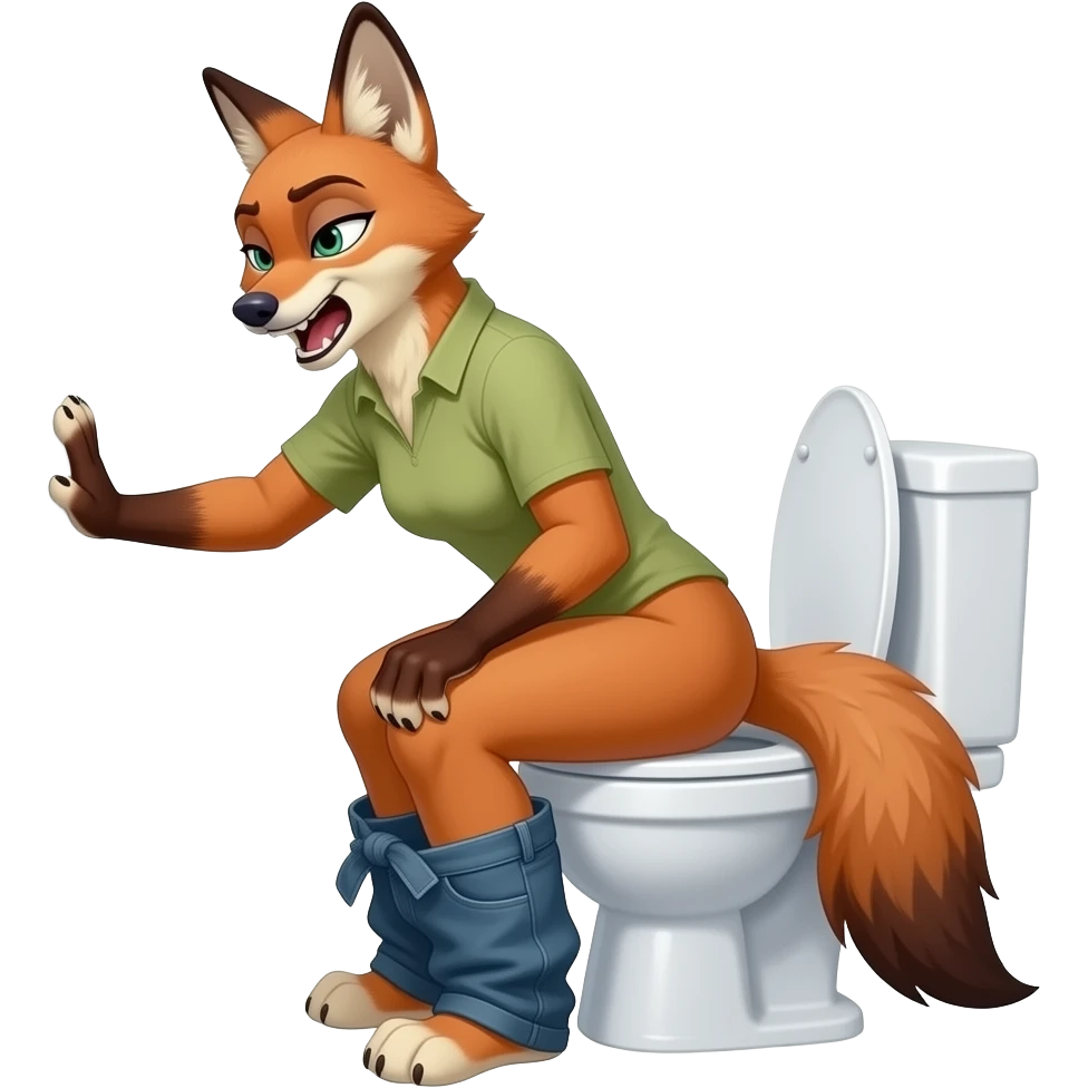 Female jackel furry person woman sit on toilet pants off,grunting,hand on wall,lean forward,side view,fursona emoji