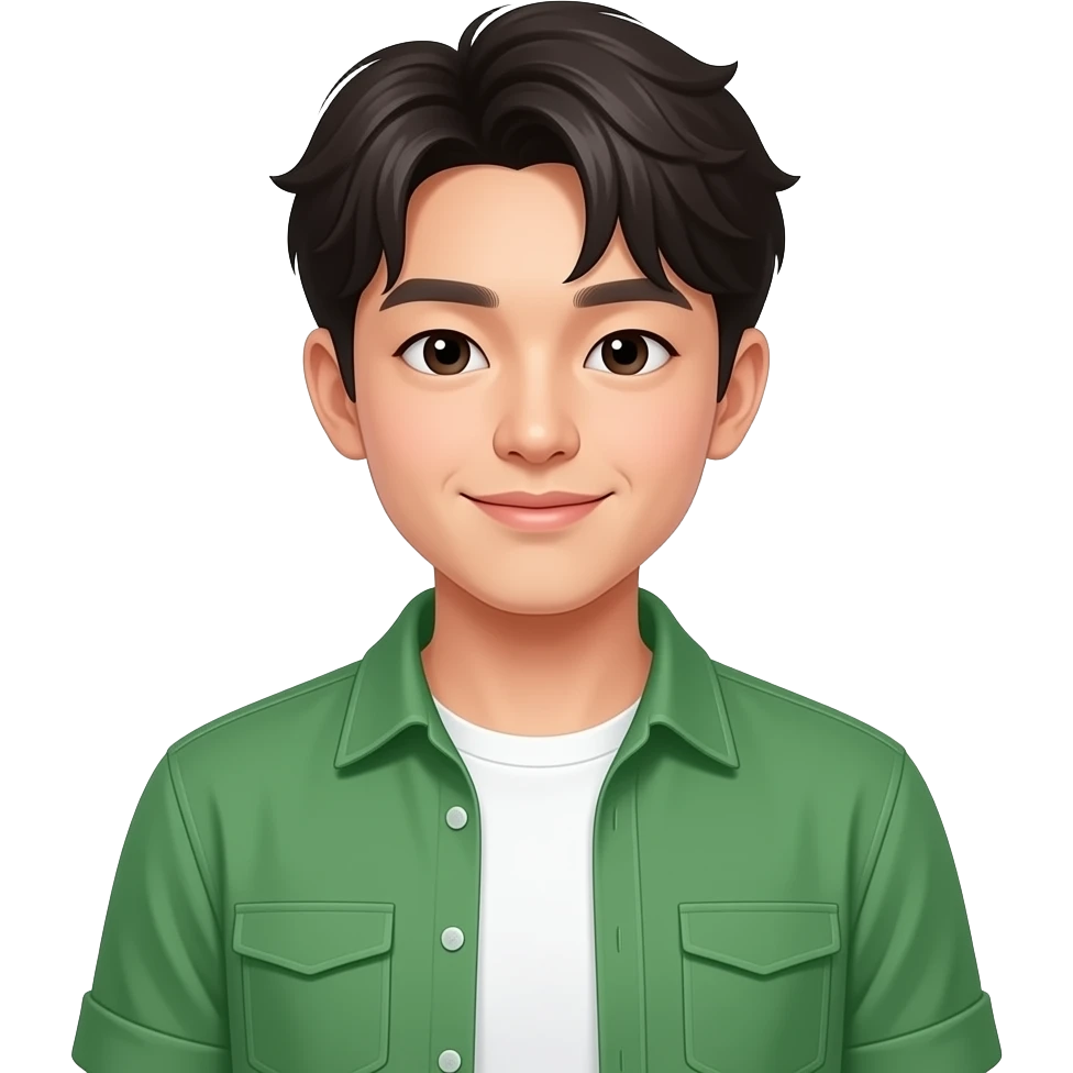 korean young man + white T-shirt, green shirt emoji