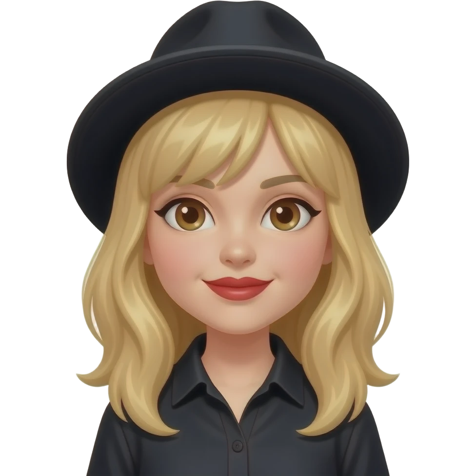 Niña de cabello rubio y sombrero negro y ojos café camisa negra y labios rojos emoji