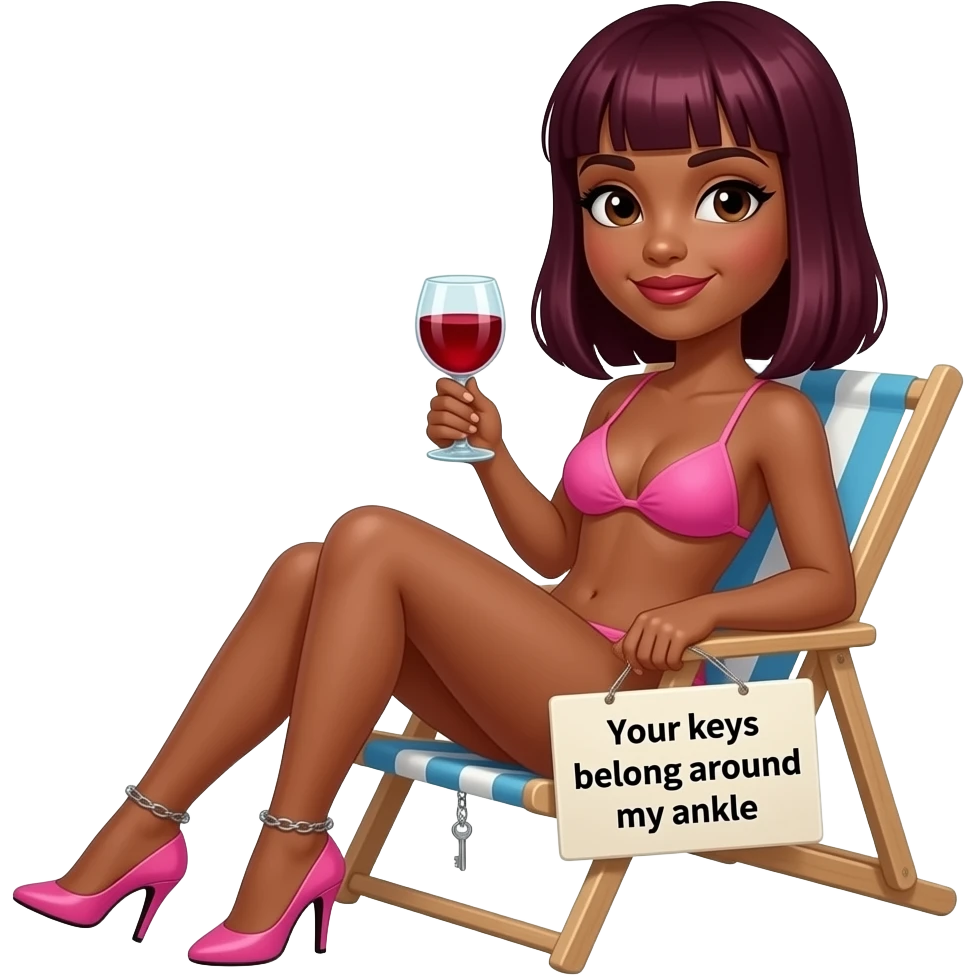 woman. burgundy, straight shoulder-length hair, sunbathing. baby pink bikini. high stiletto heels. Ankle chain with small key dangling from it. glass of red wine in one hand. sign in other hand that says "Your keys belong around my ankle". emoji
