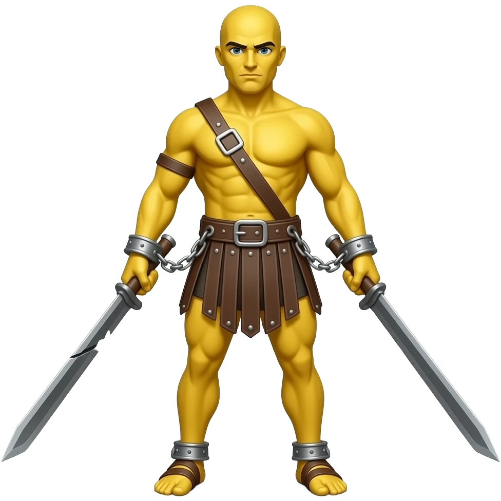 spartacus, minimal, full body, yellow skin, tipical emoji caracter style, more emojis style, more minimal, with weapons, more simplistic, emoji style, shackles on wrist with broken chains emoji