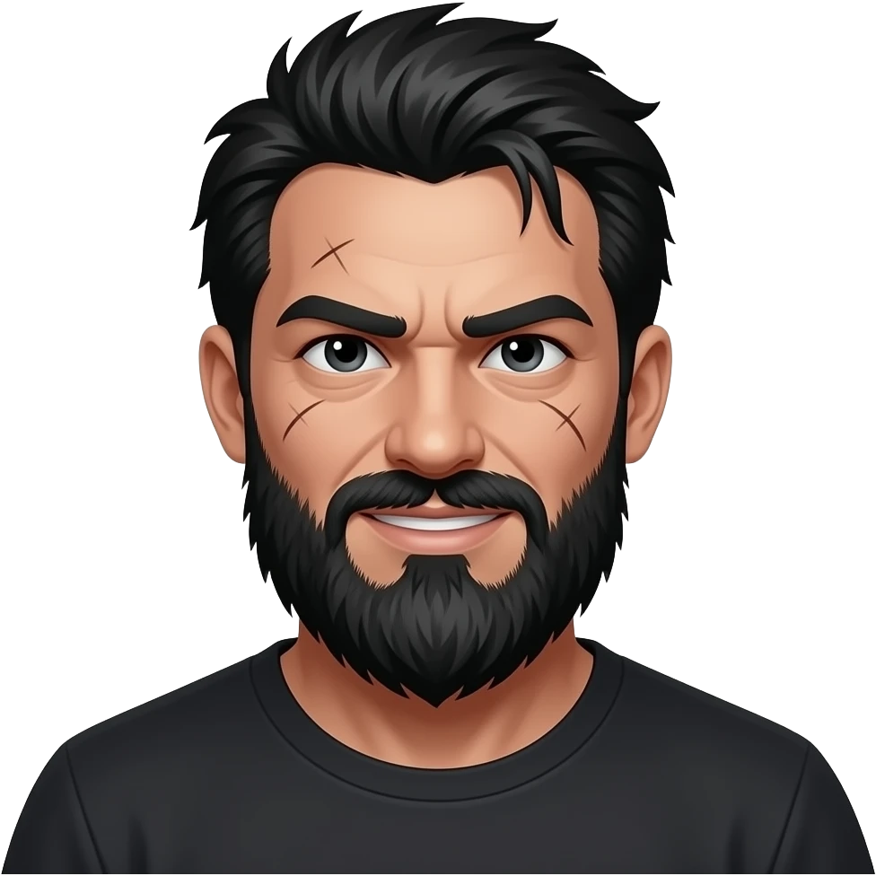 Billy Butcher is a tall, rugged man with messy medium‑short black hair and a thick dark beard. His eyes are dark and intense, and he has small facial scars that add to his rough appearance. He often wears a provocative smirk, giving him a dangerous, sarcastic look. emoji