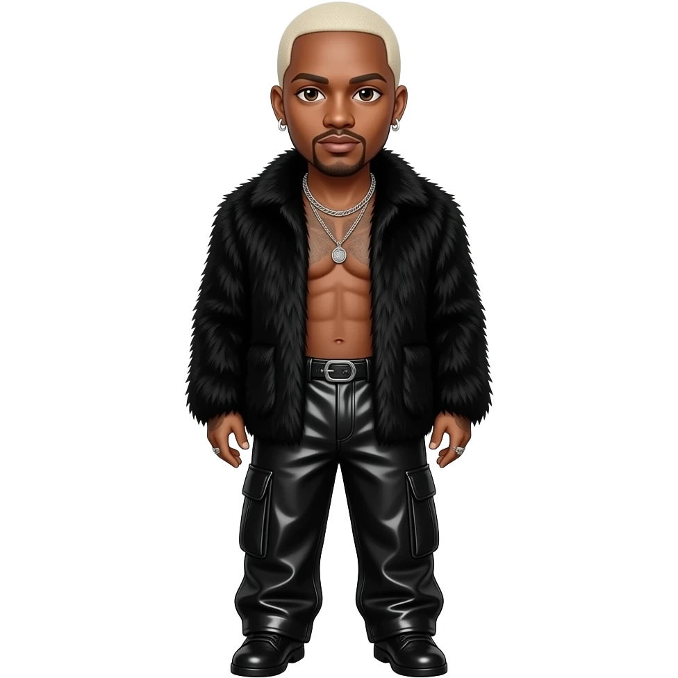 Sisqo with dark brown eyes, white blonde buzz cut hair, black fur shawl, black metallic baggy pants, shirtless with necklace and earrings emoji