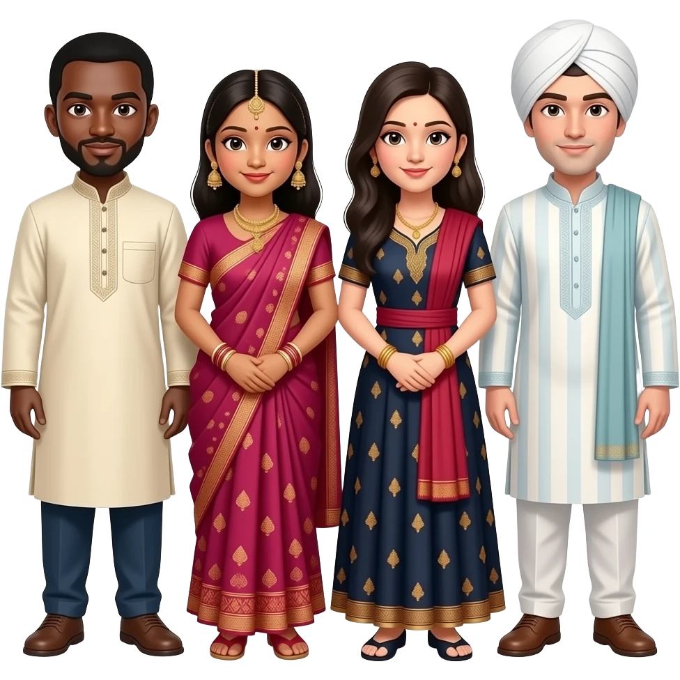 put african, Indian and Asian and White in the same picture in cultural dress in the same emoji