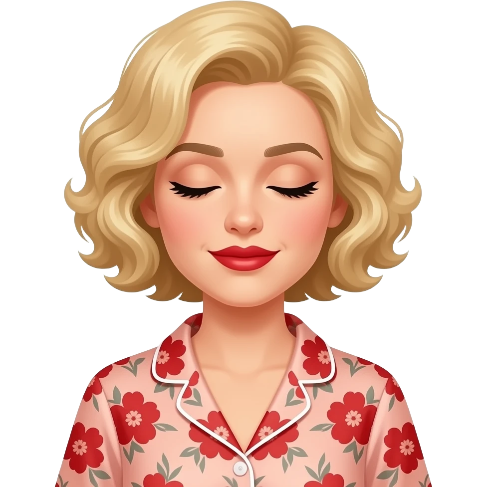 Short curly blond hair side swept red lipstick and peach and RED FLORAL NIGHTGOWN SLEEPING, BLACK EYEBROWS emoji