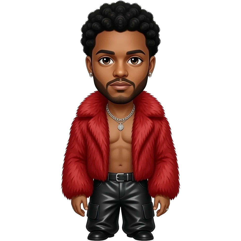 The Weeknd with dark brown eyes, black afro hair, crimson fur shawl, black metallic baggy pants, shirtless with necklace and earrings emoji