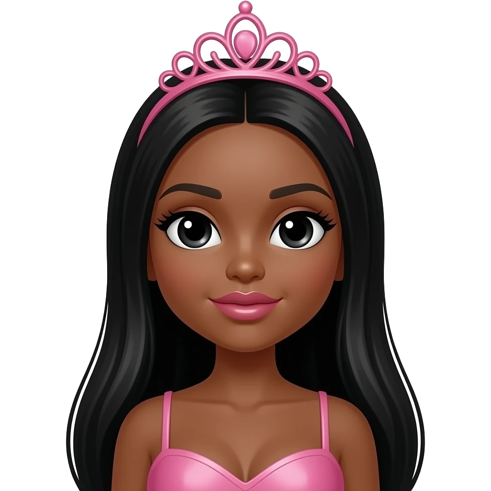 big lips, pink tiara, doll eyes, Doll, big chest, dark brown skin, with middle part long black hair, black cute eyes, with cute lip, without no bra emoji