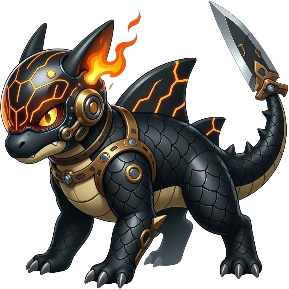 Cool edgy fiery electrical scaly cybernetic visor-helmeted, Circuitry-patterned black-scaled digitigrade futuristic fantasy-Cyberpunk-Steampunk-Solarpunk-Sharpedo-Garchomp-Genesect-Cyclizar-Salandit-Protogen-Fakémon-hybrid, tail blade, back spikes emoji