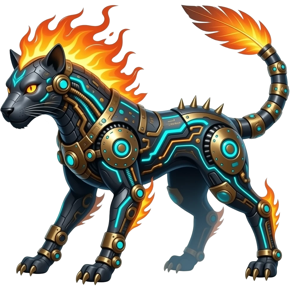 Cool edgy fiery cybernetic technological Circuitry-patterned black-scaled with neon-cyan stripe markings digitigrade futuristic raptorik fantasy-Cyberpunk-Steampunk-Solarpunk-Genesect-Salamence-Cyclizar-Salazzle-Feraligatr-Fakémon-animal-hybrid, with neon feather-mane, and a tail blade, back spikes emoji