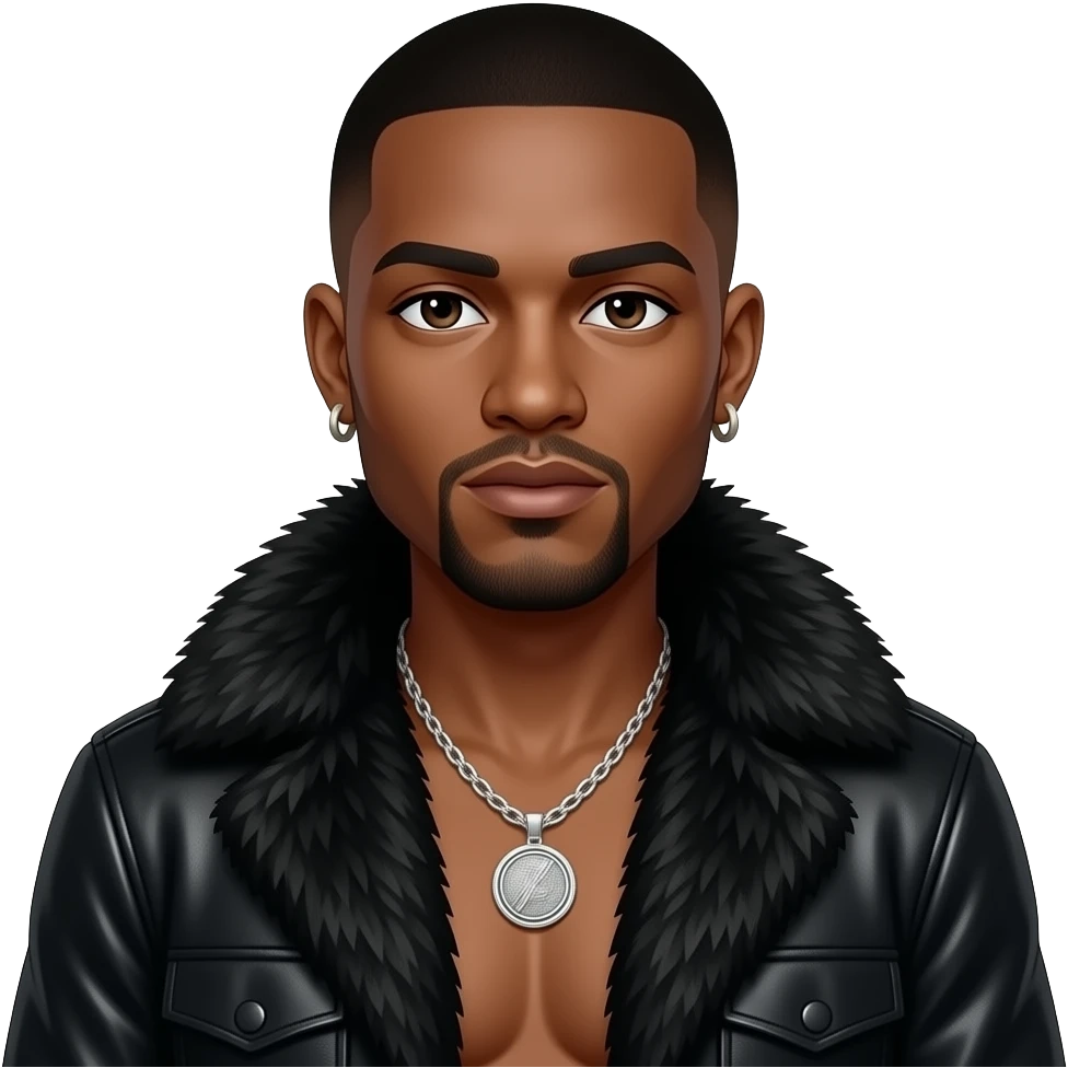 O'Shea "Ice Cube" Jackson with dark brown eyes, black buzz cut hair, black fur shawl, black metallic baggy pants, shirtless with necklace and earrings emoji