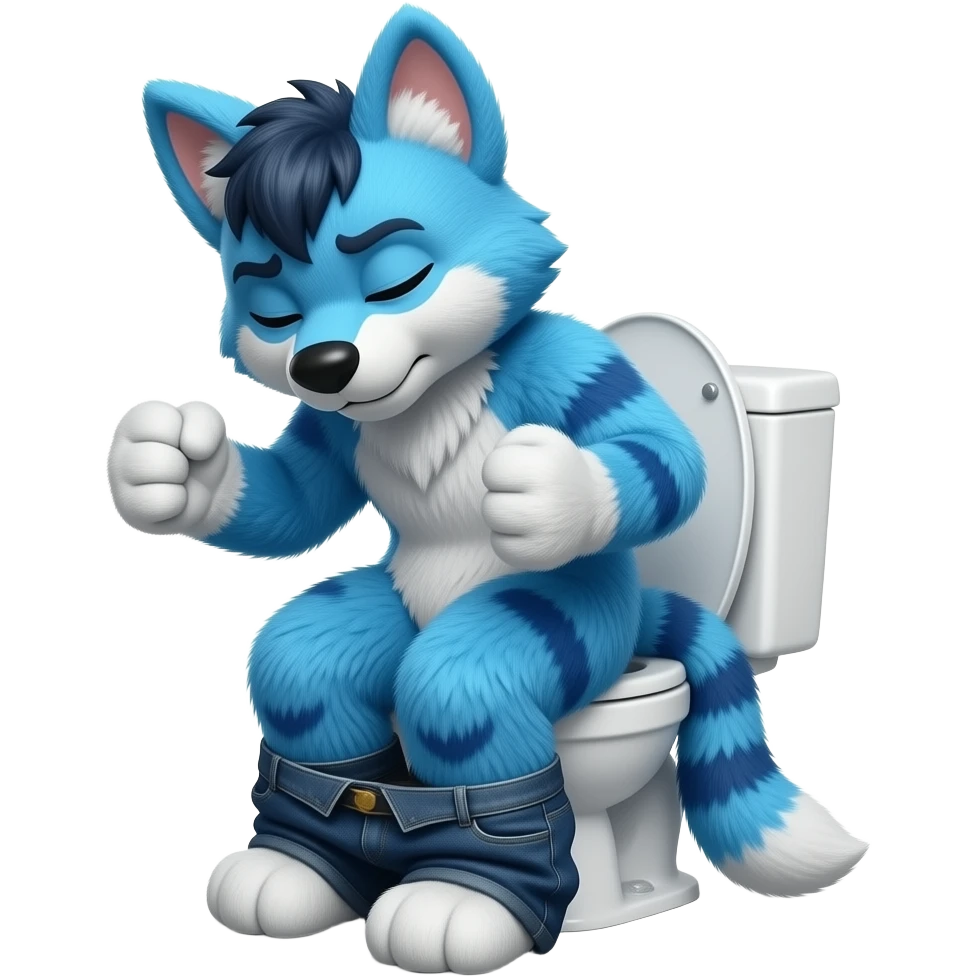 blue furry fursuit sitting on toilet, side view, pants down, straining face, eyes closed, pushing, squeezing, both fists emoji