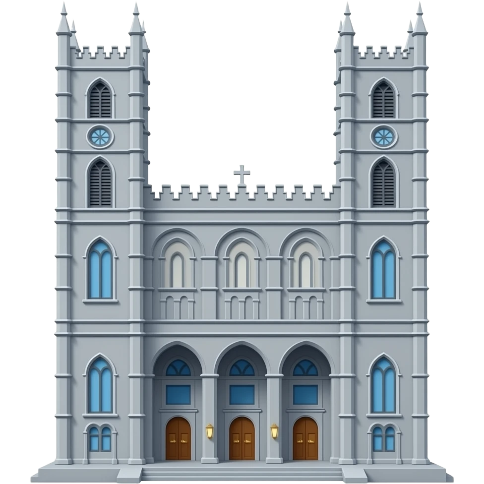 Montreal Notre-Dame Basilica facade emoji icon, twin towers, arched doors, round rose window, blue-gray stone, glossy toy-like 3D, isolated transparent background, centered, warm colors, soft shadow, no stamp, no scalloped edge, no paper border, no text, no people emoji