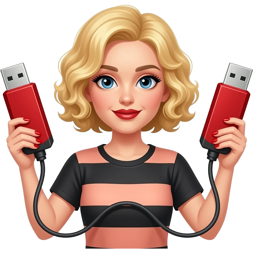 above neck Short blonde curly hair holding a massive two red USBS with wire going across them  with two hands, red finger nails and brown lipstick and black eyebrows and black eyelashes in a black and peach short sleeve shirt emoji
