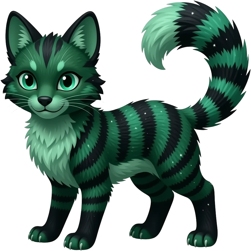 Hyper-realistic forest-hunger-green-emerald-green-onyx-black-gradient velvet fur soaked in stardust glitter sparkles, striped tail, striped back, tufted ears, tufted legs emoji