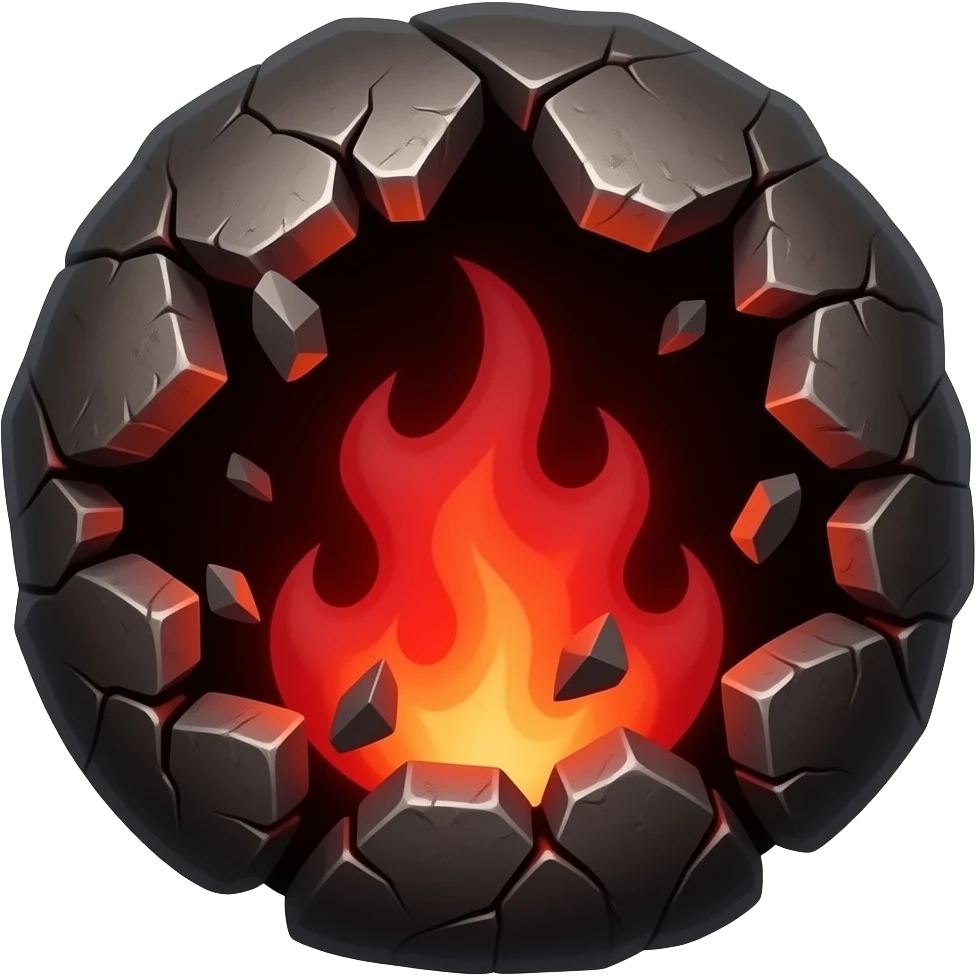 A demonic Hellball floating in darkness, glowing with fiery cracks. It suddenly opens, releasing red flames and dark energy emoji