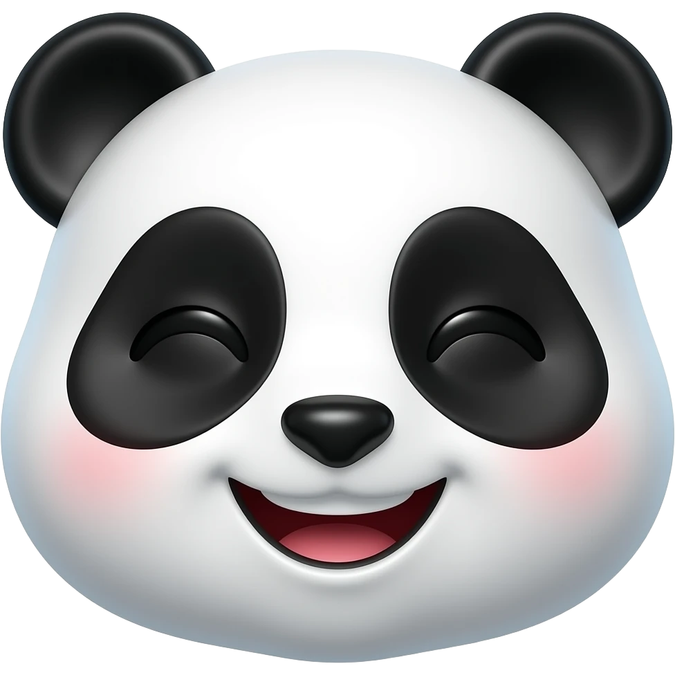 Happy panda emoji, closed smiling eyes, big cheerful smile, round cheeks, black and white fur, glossy 3D cartoon emoji, premium sticker style emoji