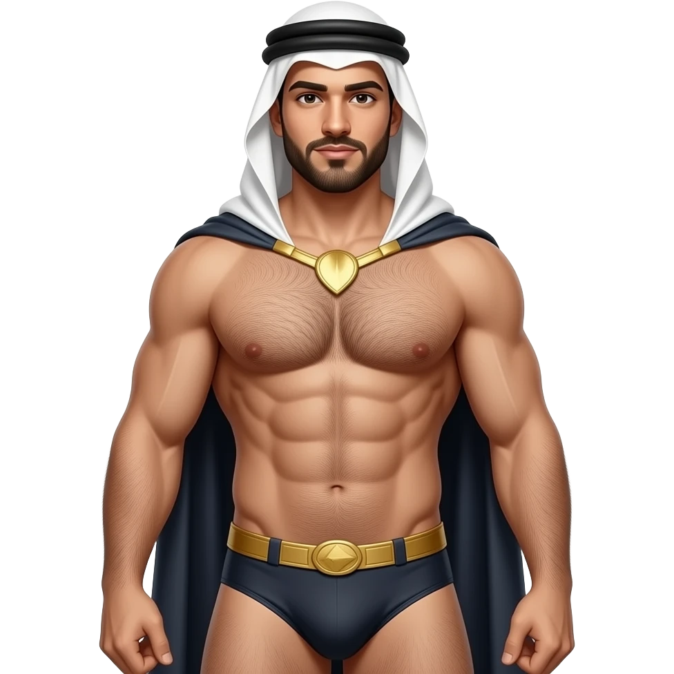 full body arabic-theme male superhero clothless figure with body hair and only cape and muscular hairy build in thin, narrow underwear with bulge emoji