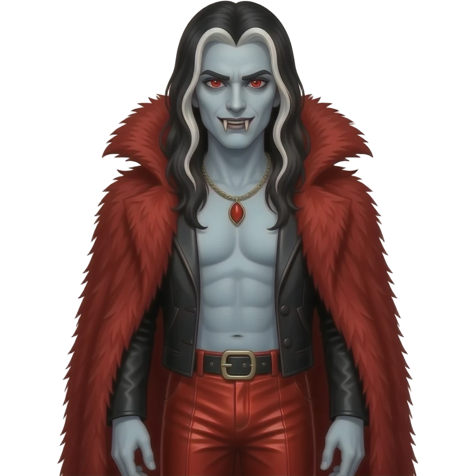 Count Dracula with pale grey skin, red eyes, long black hair with white highlights, crimson fur coat, crimson metallic faux baggy pants, shirtless with necklace emoji