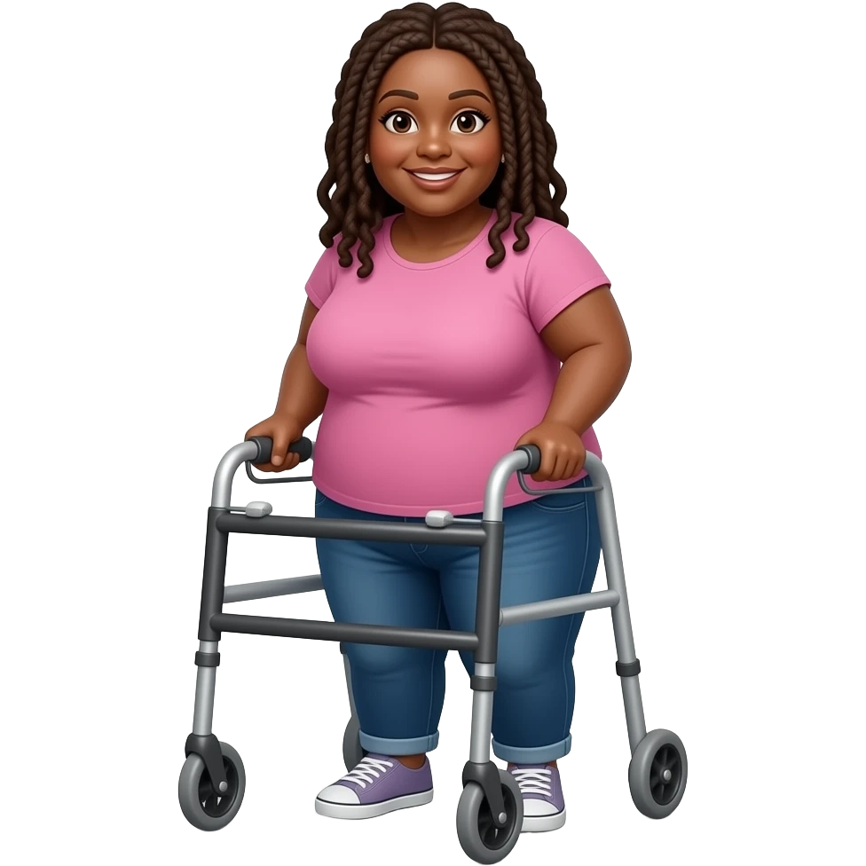 Dreadlocked chubby black woman using a walker emoji