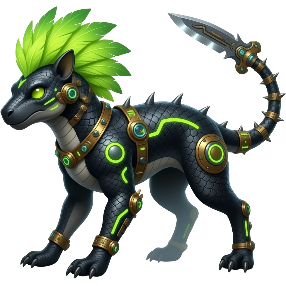 Cool edgy ancient black-scaled with neon-colored stripe markings digitigrade bipedal vintage futuristic raptorik fantasy-Cyberpunk-Steampunk-Solarpunk-Genesect-Salamence-Tyranitar-Vernid-Fionbri-Fakémon-animal-hybrid, with neon-green feather-mane, and a tail blade, back spikes, full body emoji