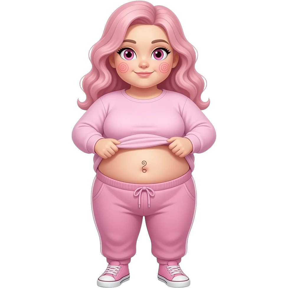 White obese girl pink eyes light pink swirly long hair pink swirl cheeks light pink plain long sleeve shirt light pink sweat pants light pink shoes lifting her shirt showing swirly belly button emoji