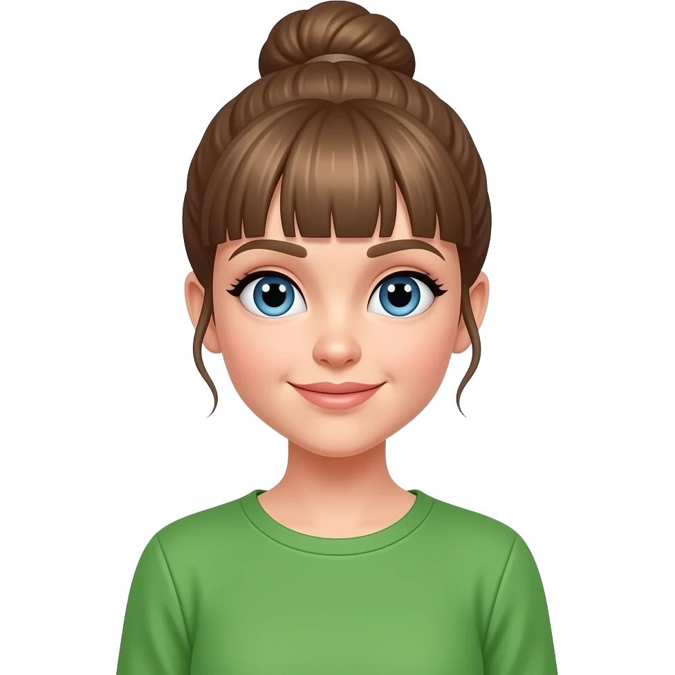 light brown hair, bun, bangs, no glasses, blue eyes, longsleeve  green shirt emoji