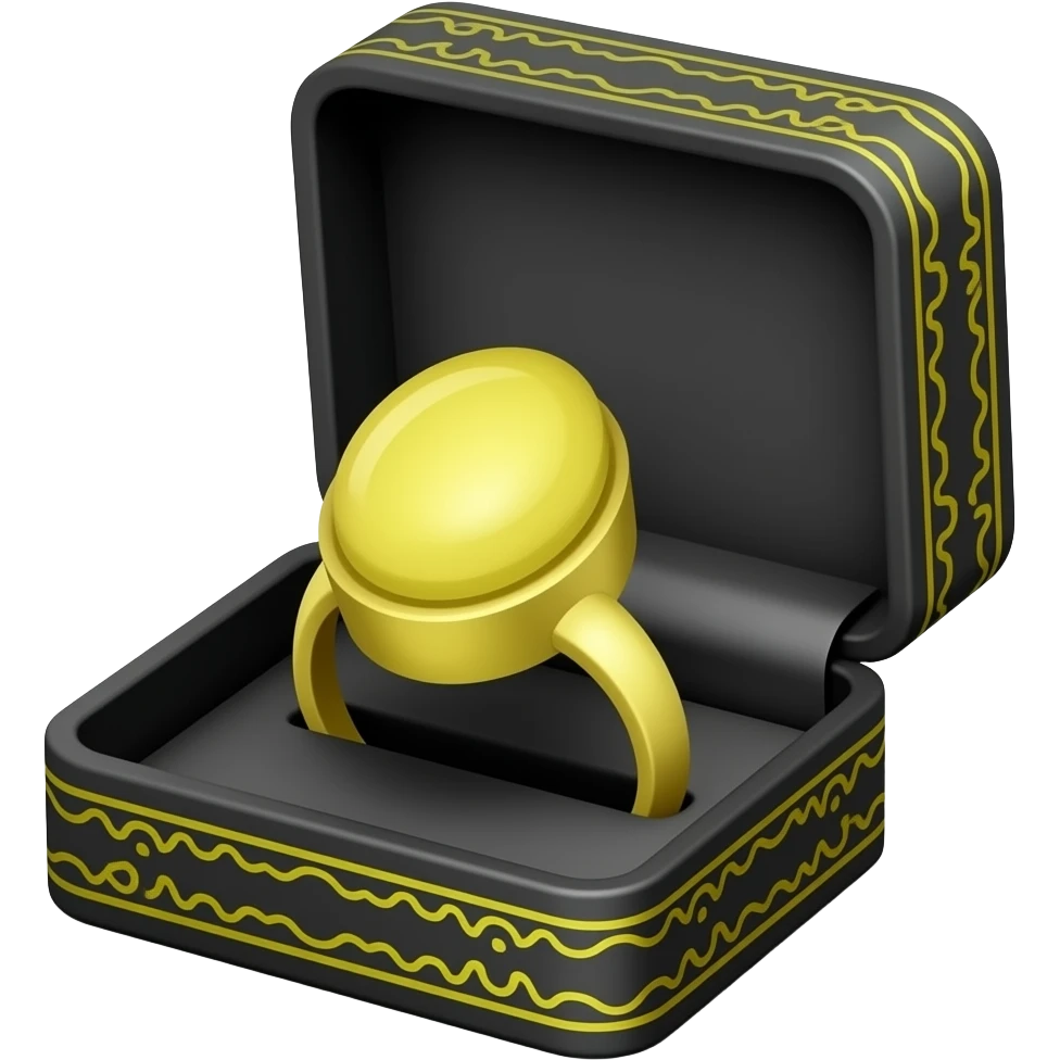 yellow Opal ring in a black box with yellow ornate trim emoji