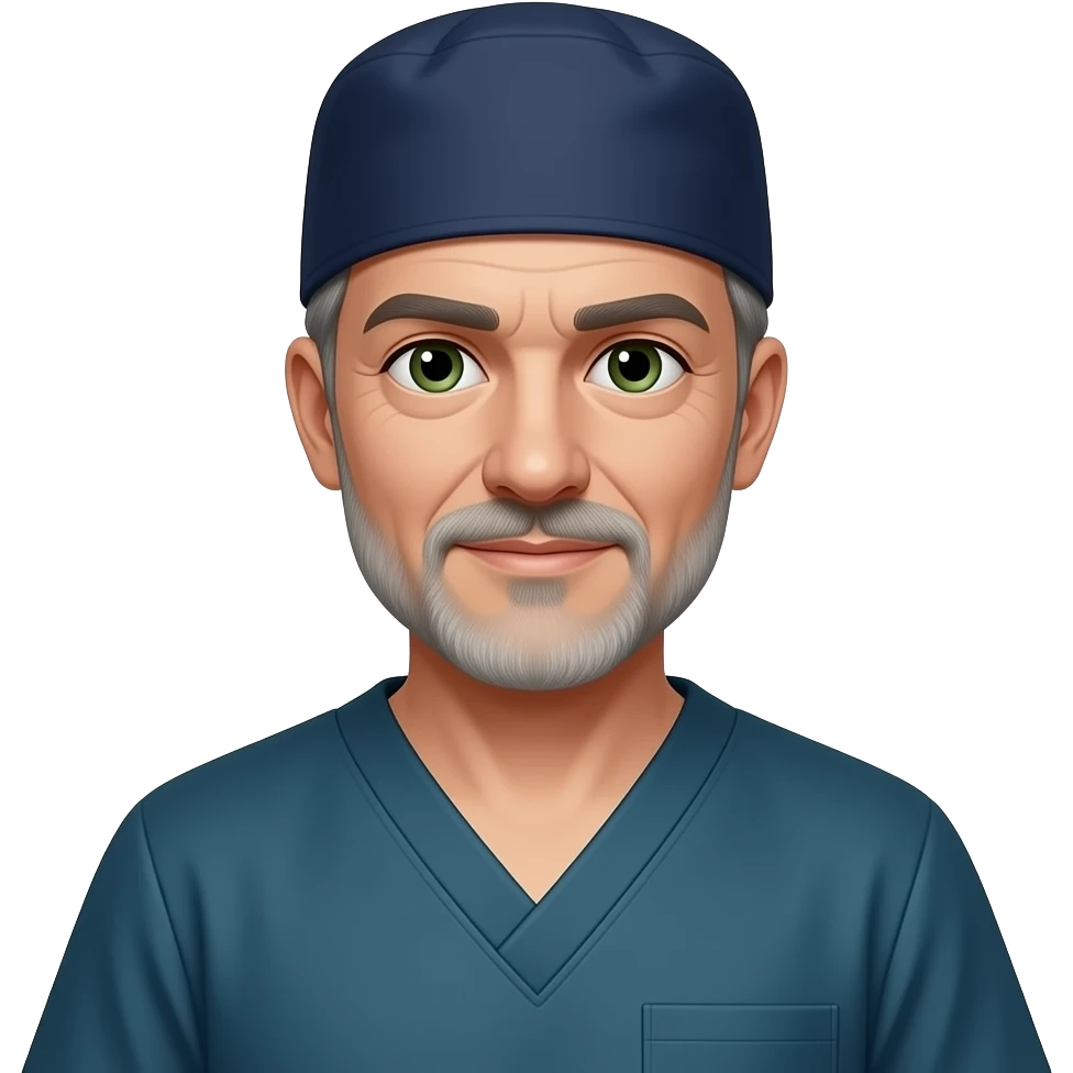 older surgeon with dark gray hair, light beard stubble and green eyes in dark navy scub cap, torquoise scrubs with no eyeware emoji