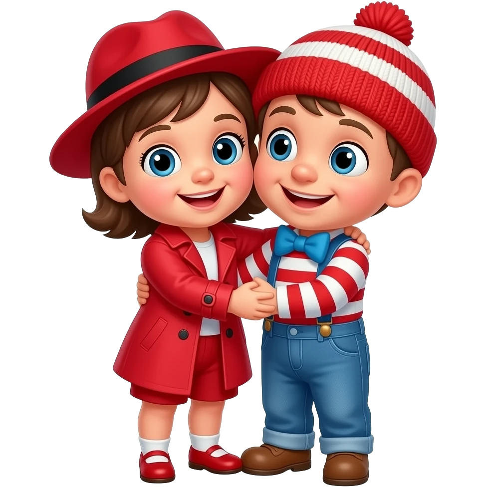 Carmen San Diego, a Baby girl wearing a red trench coat, a wide brim red hat with black band, and red shorts and Waldo, a baby boy wearing blue jeans, suspenders, a red and white striped shirt and a red and white striped knit beanie hat hugging (fullbody) emoji