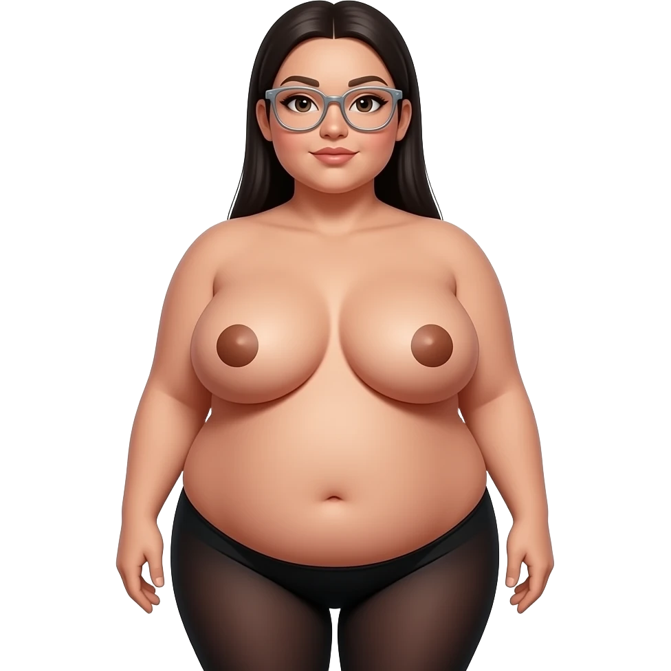 tanned fat chubby woman black long straight hair  with butt wearing black tights no shirt breasts out with large round brown areolas round face with silver glasses emoji