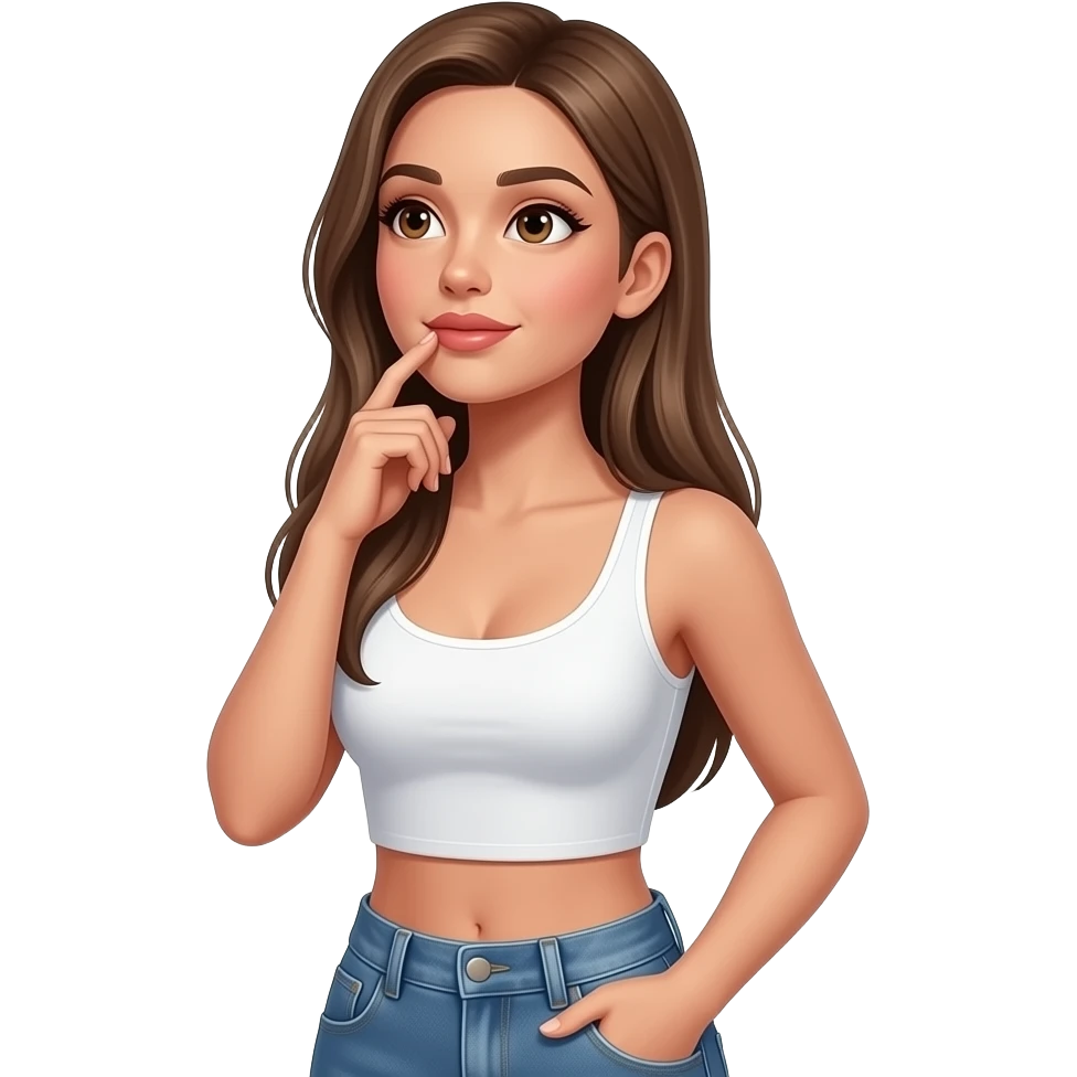Woman thinking and looking up wearing white crop top with jean pants. Brown eyes and dark blonde straight long hair. Very sexy and seducing eye look. emoji