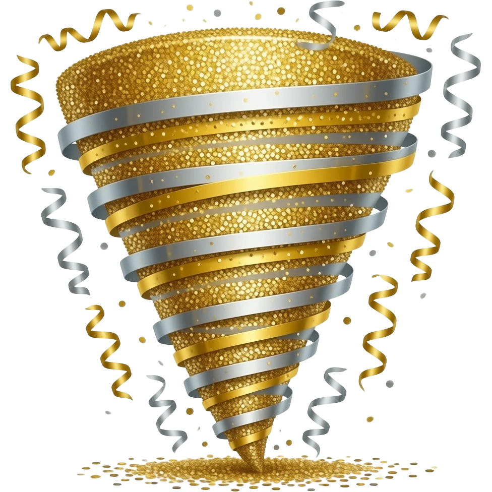 A full-body mascot shaped like a towering tornado of glitter, confetti, and bright tinsel that never scatters. emoji