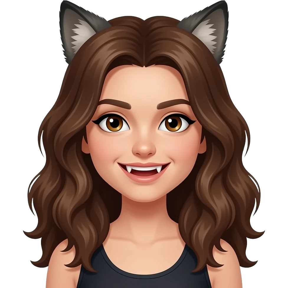 Werewolf girl with brown hair wavy hair, fangs teen emoji