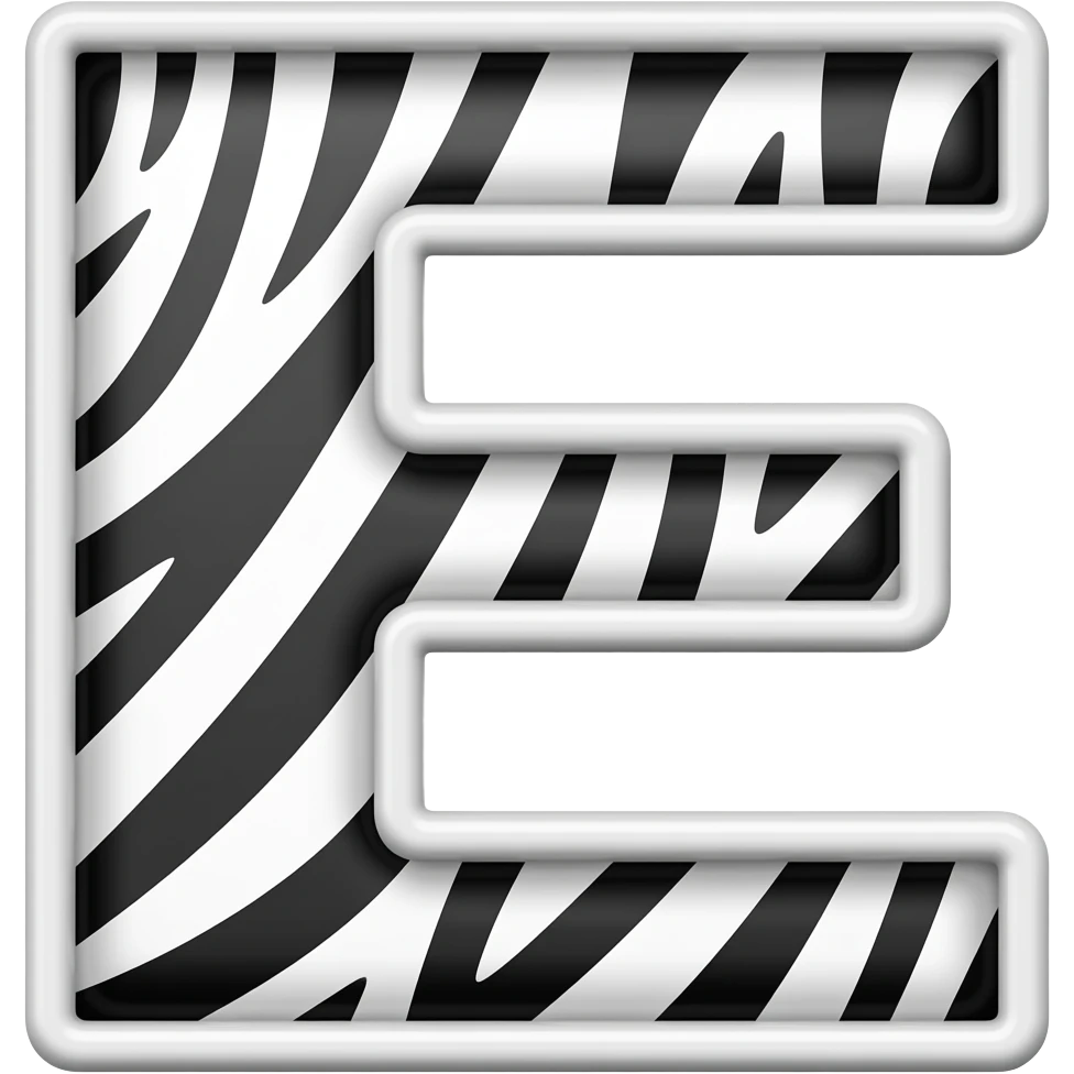 a letter E  in beautiful BLACK  colour having WHITE OUTLINE OUTLINE  and have a zebra design in it emoji