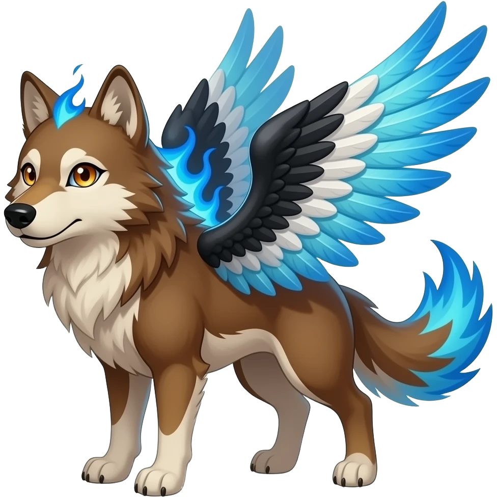 A russet brown wolf with orange blue and gold eyes , black white and blue wings, blue flames in the fur and three tails emoji