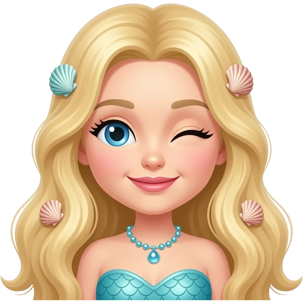 wink mermaid face with shells in long hair blonde emoji