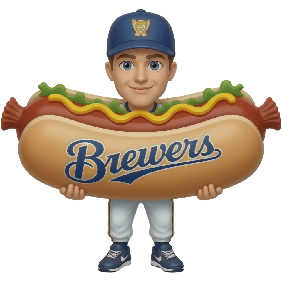 Baseball player in a sausage costume that says Milwaukee Brewers emoji