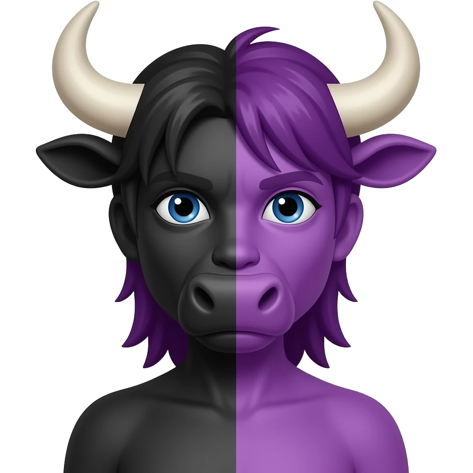 crea una persona que tenga mitad pelo negro y la otra mitad violeta. Que la cabeza sea de un humano pero el cuerpo de un Toro emoji