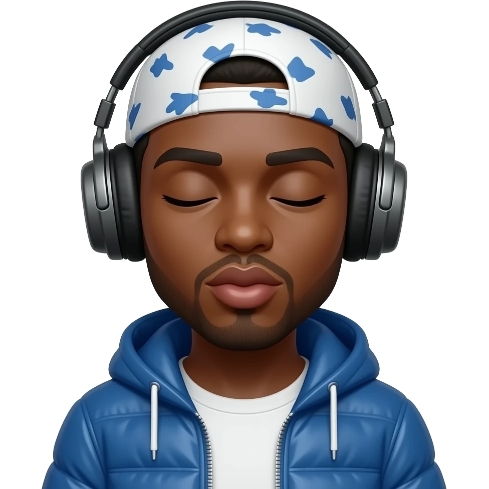 A black person bit brown is with headphones on and have a durag on his head is wearing a blue jacket and his face expression is like his eyes are closed and hes lips are like in kissing form emoji